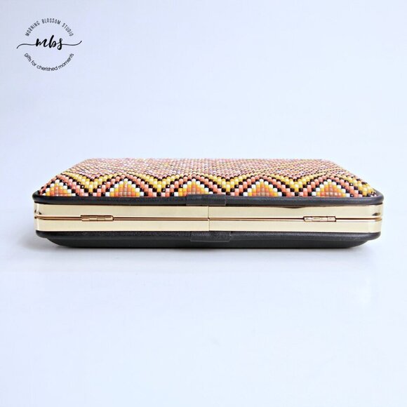 NWT Lulu\'s Beaded Hard Case Clutch Multicolor Orange with Removable Golden Chain